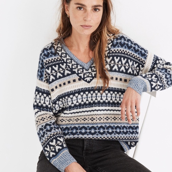 Madewell | Forrest Fair Isle V-Neck Sweater in Heather Sky - Picture 5 of 6